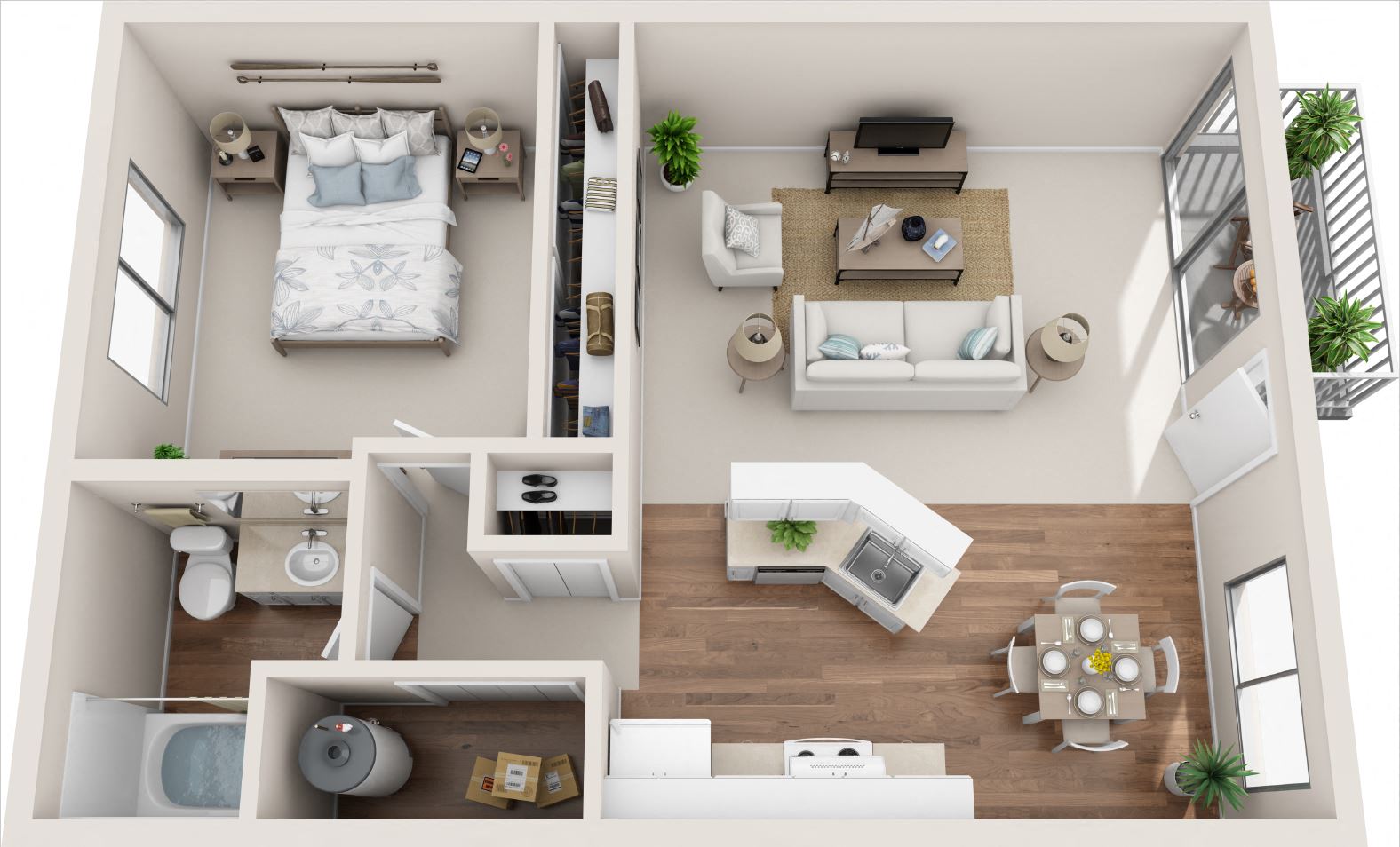Floor plan for 1 bed, 1 bath, 704 sqft